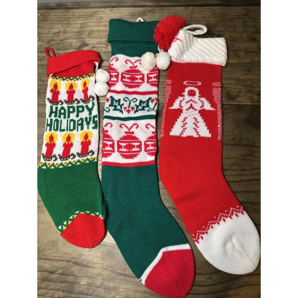 knitted christmas stocking Lot Of 3 Red Green White